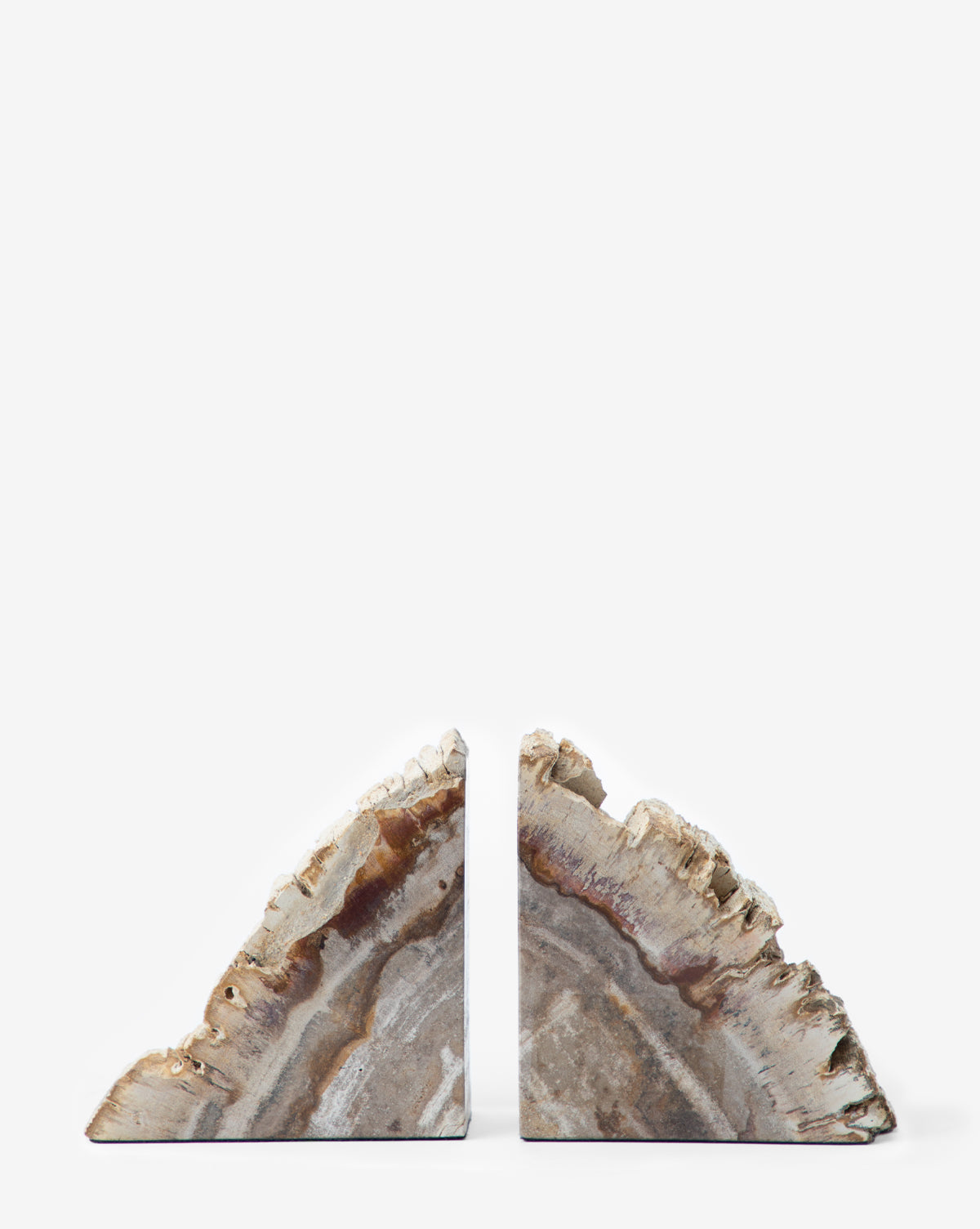 A set of two Fossilized Wood Bookends, each with triangular shapes, natural rough edges, and unique brown, beige, and gray tones—ideal for enhancing organic decor on any shelf or tabletop.
