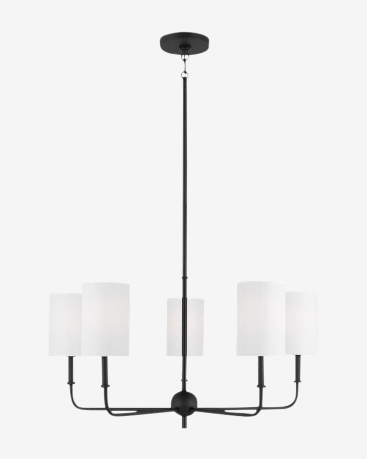 The Foxdale Five Light Chandelier by Visual Comfort Studio – Generation Lighting features evenly spaced arms and white cylindrical lampshades on a sleek central rod, creating a refined silhouette against a plain light backdrop by McGee & Co.