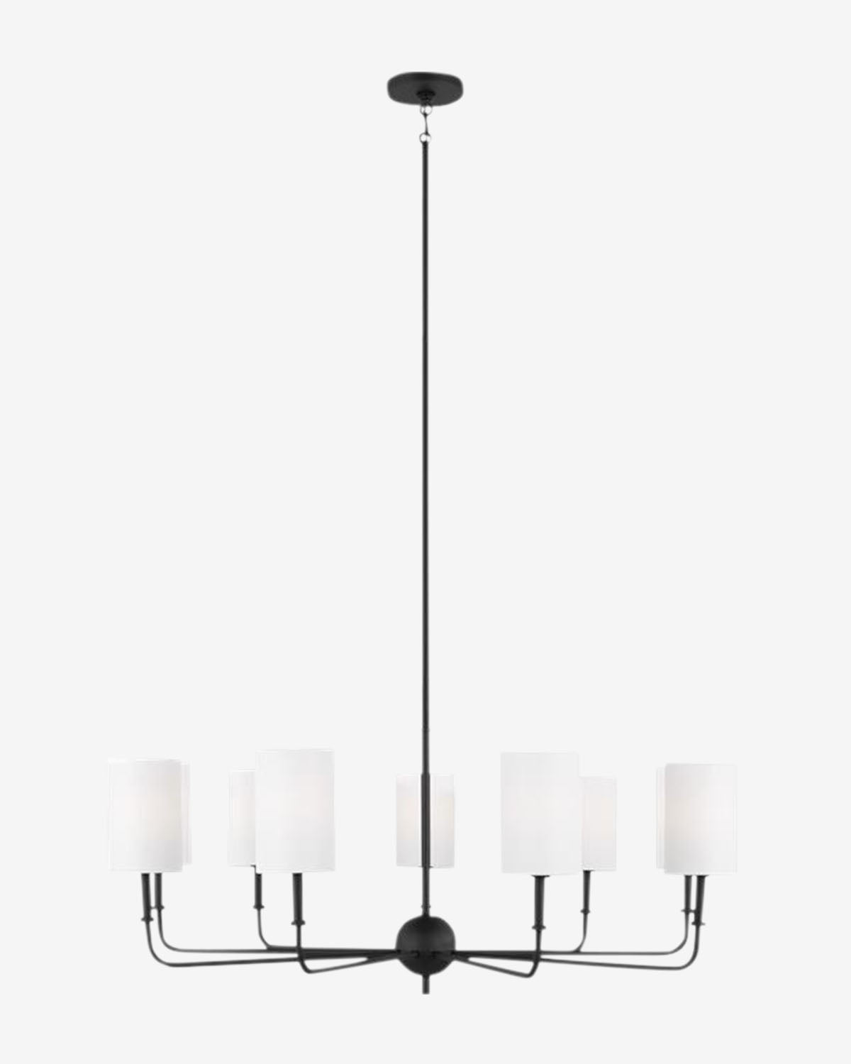 The Foxdale Nine Light Chandelier by Visual Comfort Studio - Generation Lighting features a modern geometric design with nine arms and cylindrical white linen shades, suspended from a central rod against a white backdrop, blending seamlessly with the timeless aesthetic of McGee & Co.