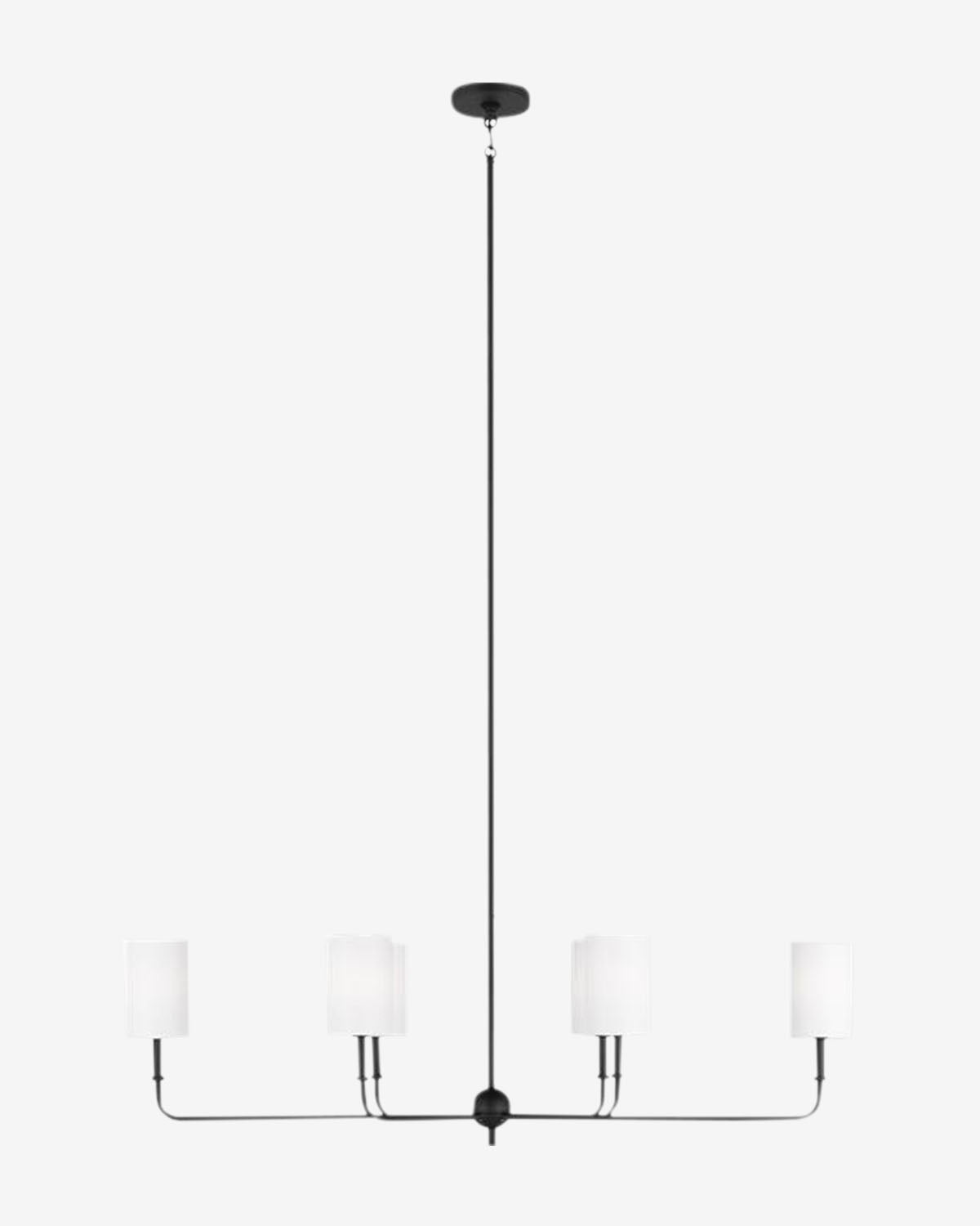 The Foxdale Six Light Linear Chandelier by Visual Comfort Studio - Generation Lighting features six evenly spaced arms with white linen shades, suspended from a central rod and shown against a plain white background. McGee & Co.