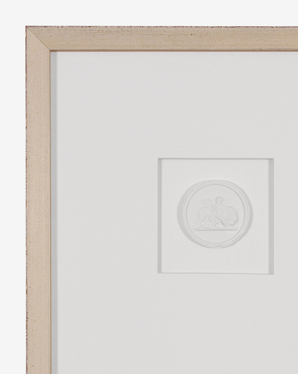 Framed Intaglio I features two abstract human-like figures in an embossed circular design. Displayed with a white mat and light wood frame, this close-up artwork is perfect for gallery wall decor.