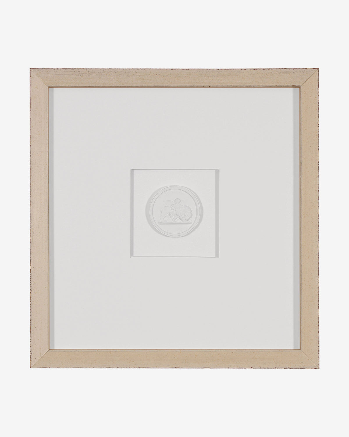Framed Intaglio I features a beige wooden frame and a white mat with an embossed circular design of two seated figures. This minimalistic piece offers a clean, modern look, ideal for gallery wall decor.