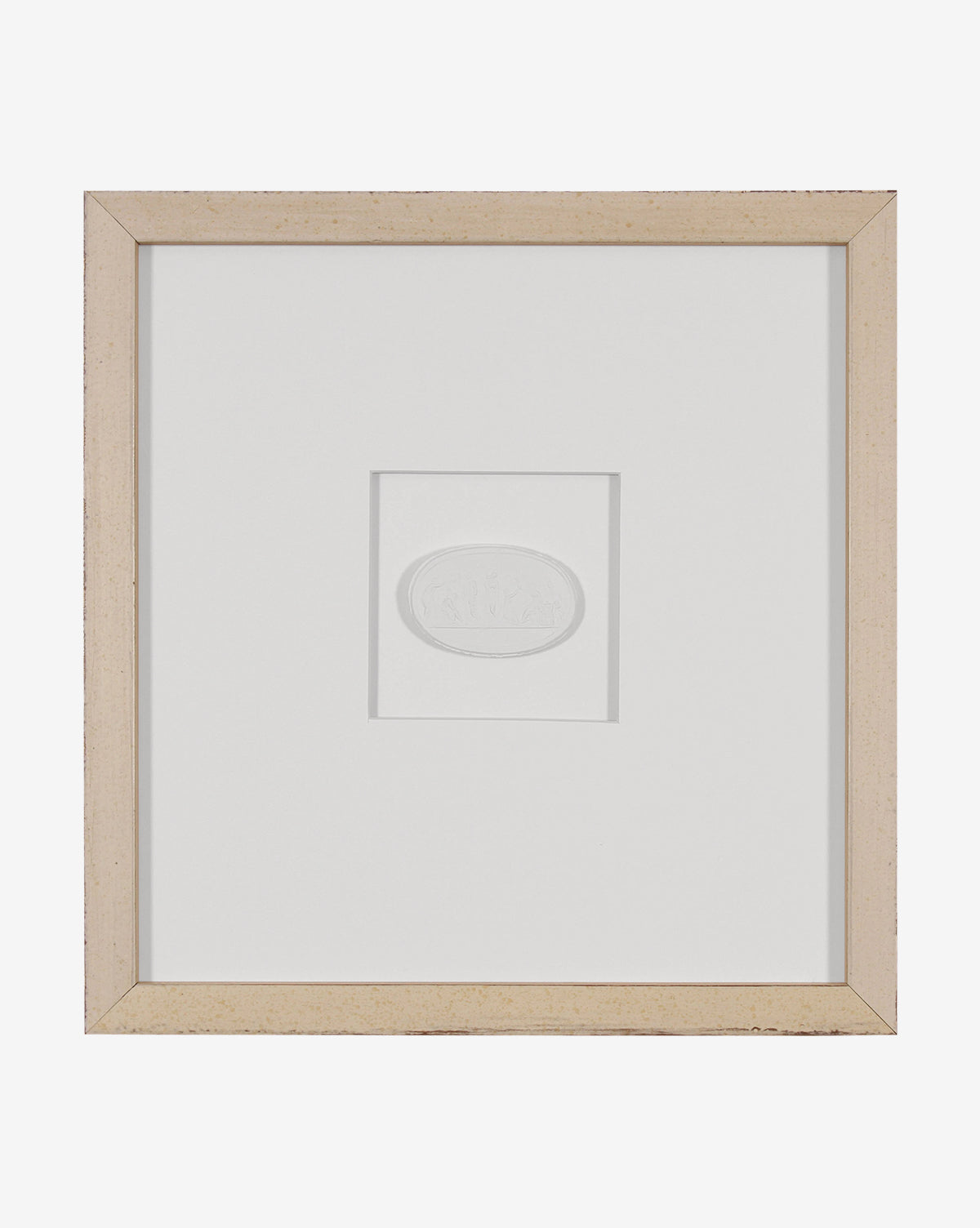 The Framed Intaglio II is a minimalist artwork with a white embossed oval on a white background in a light wooden frame, ideal for monochromatic wall art or elegant gallery wall decor.