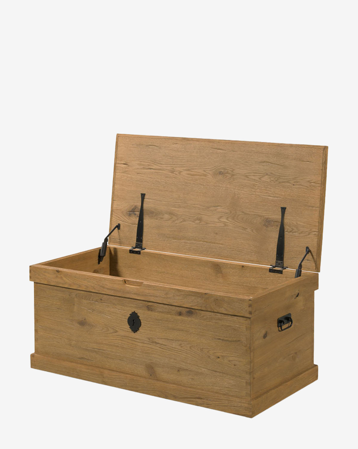 The Frances Trunk is a wooden storage chest with a natural oak veneer, side metal handles, and black metal hinges and hardware. Its hinged lid is partially open to reveal the empty interior storage space, by McGee & Co.