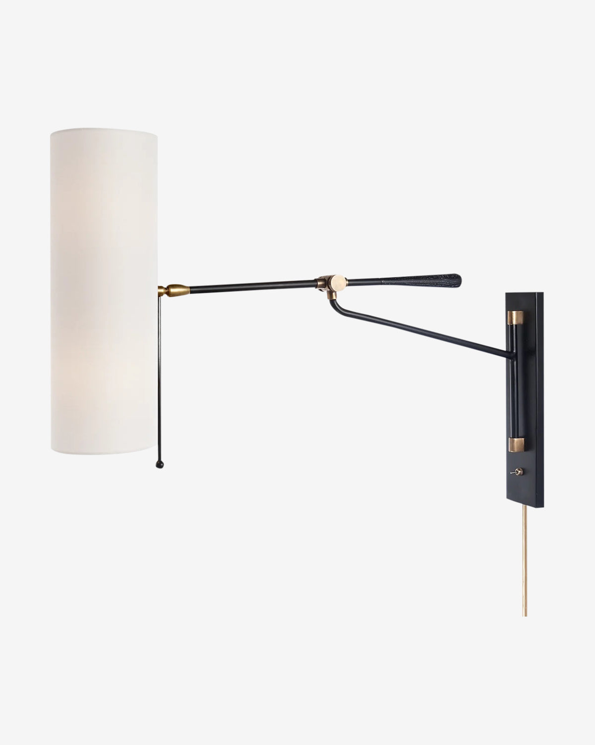 The Frankfort Articulating Wall Light by Visual Comfort & Co. Signature features a black adjustable arm, brass accents, and a large white cylindrical shade—ideal for above your nightstand or as a sleek bathroom mirror lamp. McGee & Co.