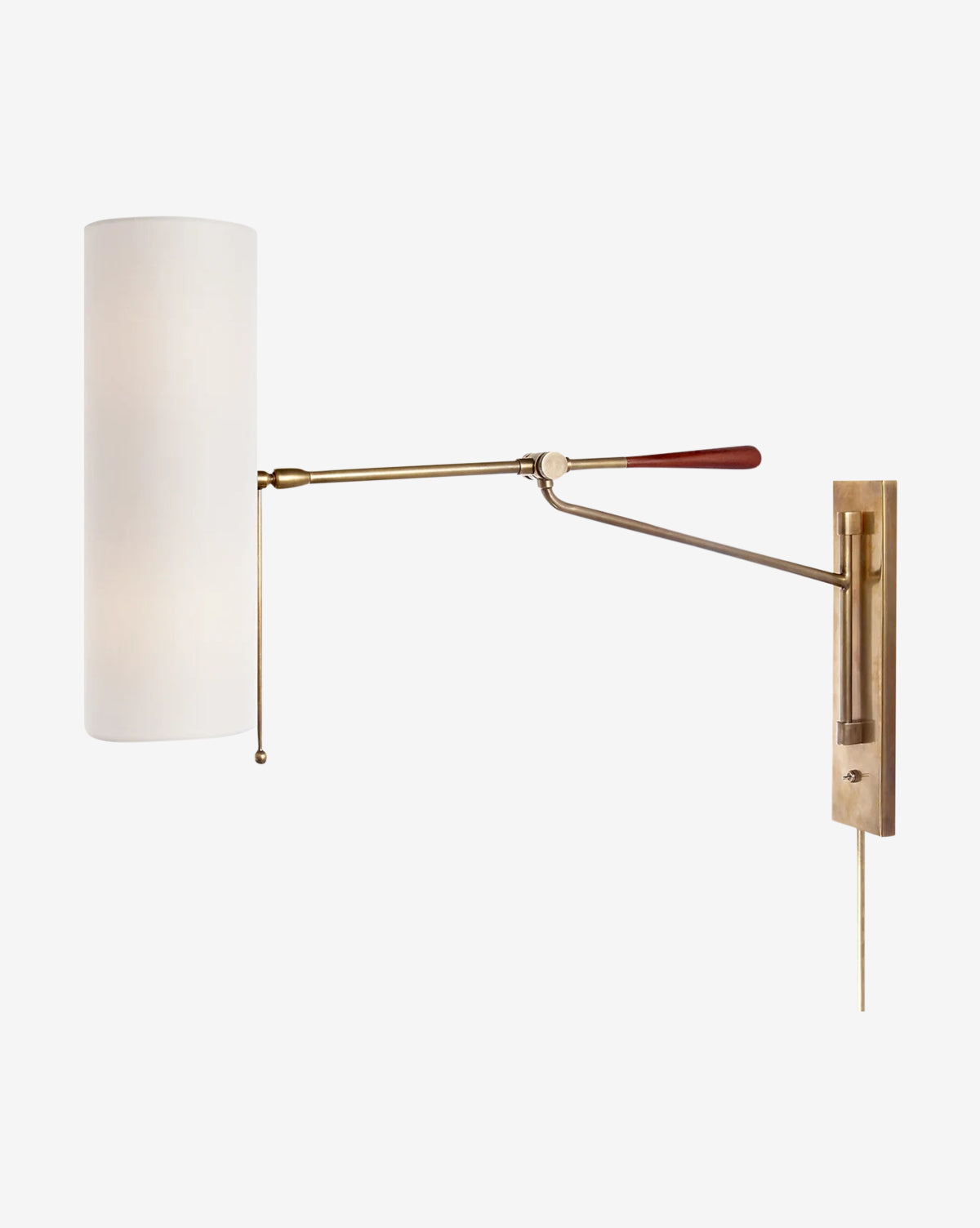 The Frankfort Articulating Wall Light features a modern brass finish, adjustable arm, large cylindrical white lampshade, pull chain, and rectangular brass mounting plate—ideal as a nightstand or bathroom mirror lamp, by McGee & Co.