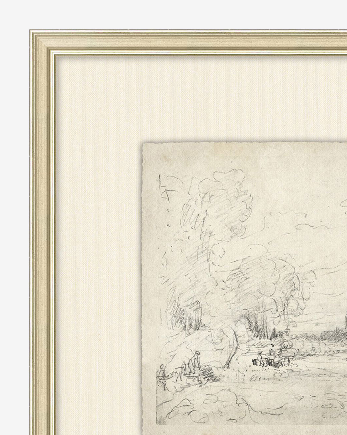 French Countryside Sketch: pencil drawing depicting a rural landscape with trees and small figures, partially displayed in a cream textured mat and light wood frame.