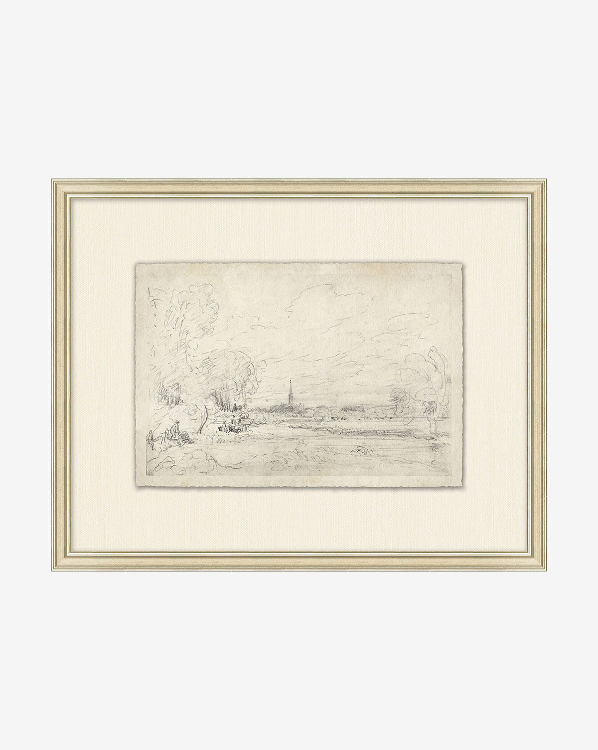 The French Countryside Sketch features a framed black-and-white landscape with trees and a distant church steeple under cloudy skies, set in a silver-finished wood frame with a cream mat.