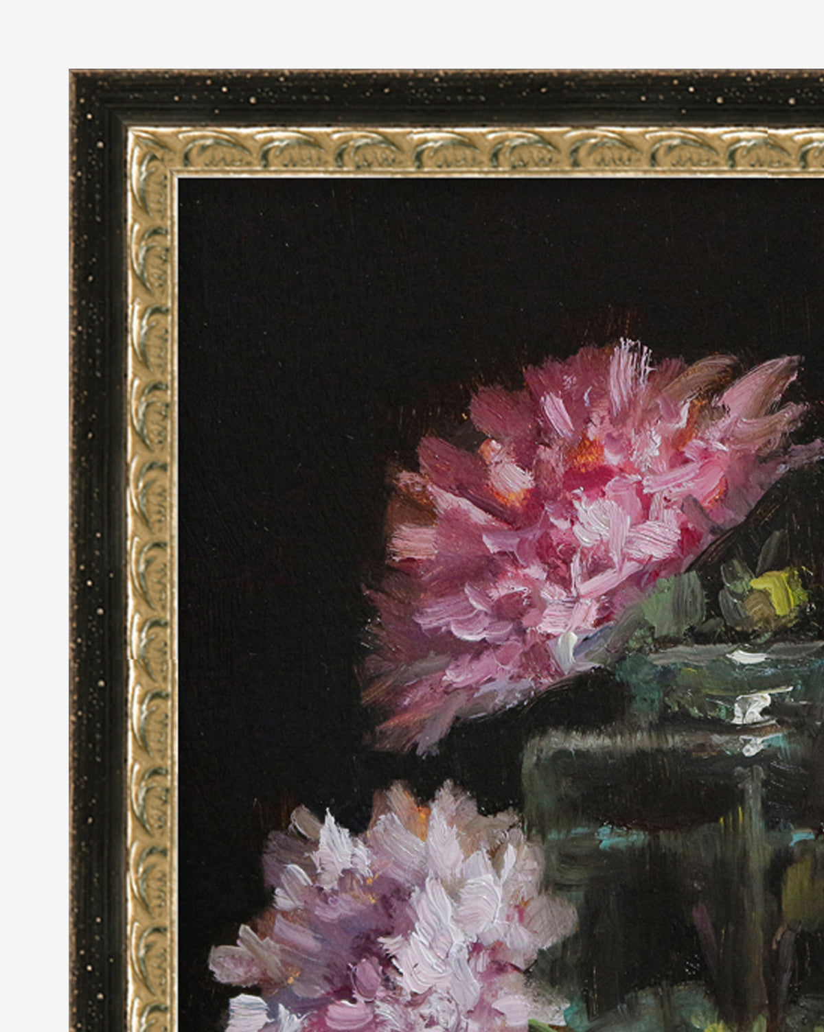 Close-up of the Fresh Flowers in Water vintage wall art: a framed painting of two pink and white flowers in a glass vase against a dark background, with an ornate gold frame partially visible on the left and top edges.