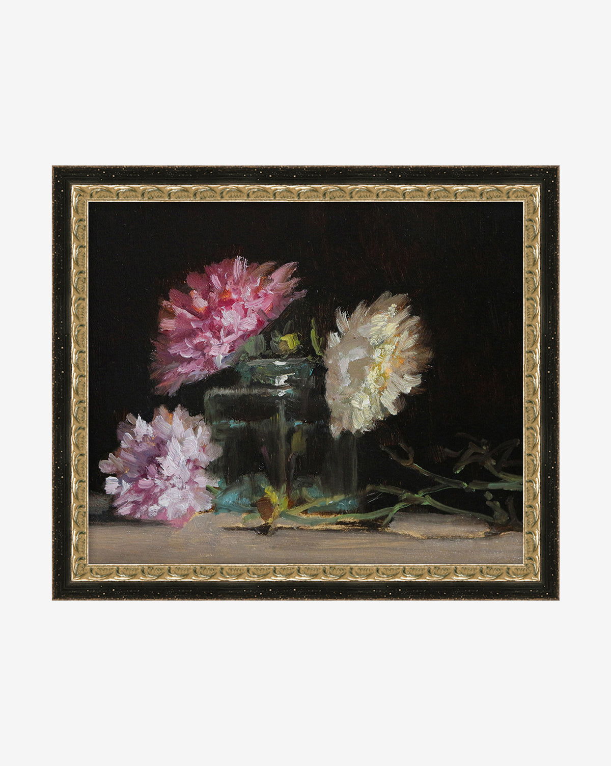Fresh Flowers in Water is a framed, realistic-style painting depicting three pink and white blooms in a glass jar on a surface, set against a dark background—ideal vintage-inspired wall art for floral decor enthusiasts.