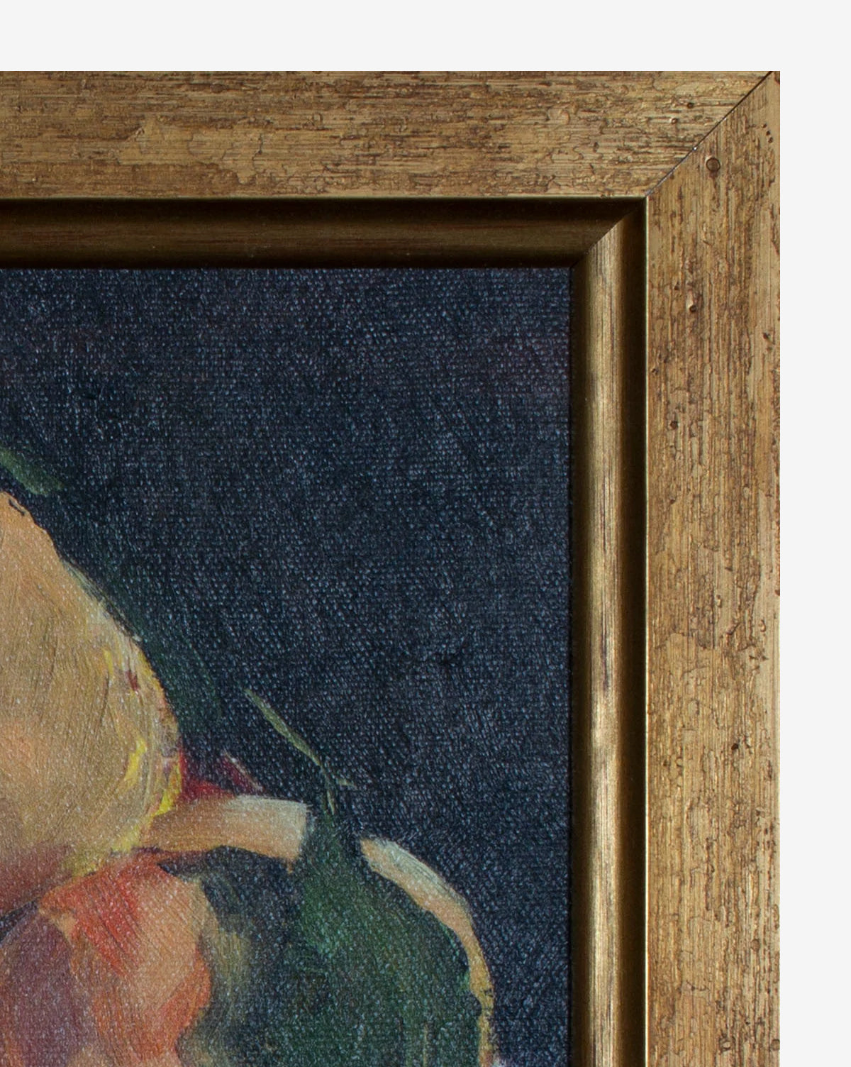Close-up of the top right corner of Fruit in a Blue Bowl, showing part of its gold wood frame and textured canvas with abstract, colorful brushstrokes on a dark background.