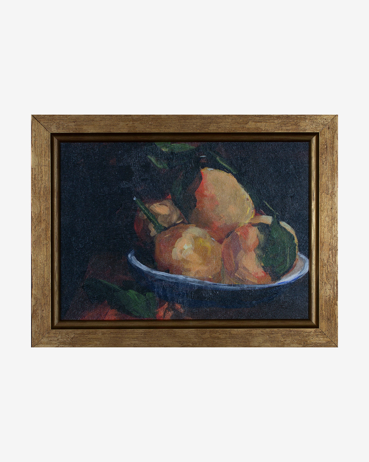 Still life painting titled Fruit in a Blue Bowl featuring three yellow pears with green stems, arranged in a blue bowl against a dark background, and presented in an elegant gold wood frame.