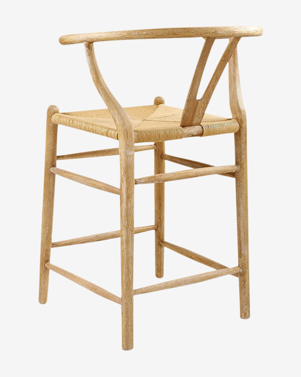 The Gabriel Counter Stool features a light solid oak frame, rope seat, curved backrest, and minimalist Scandinavian-inspired design. Horizontal bars connect the legs for enhanced stability, by McGee & Co.