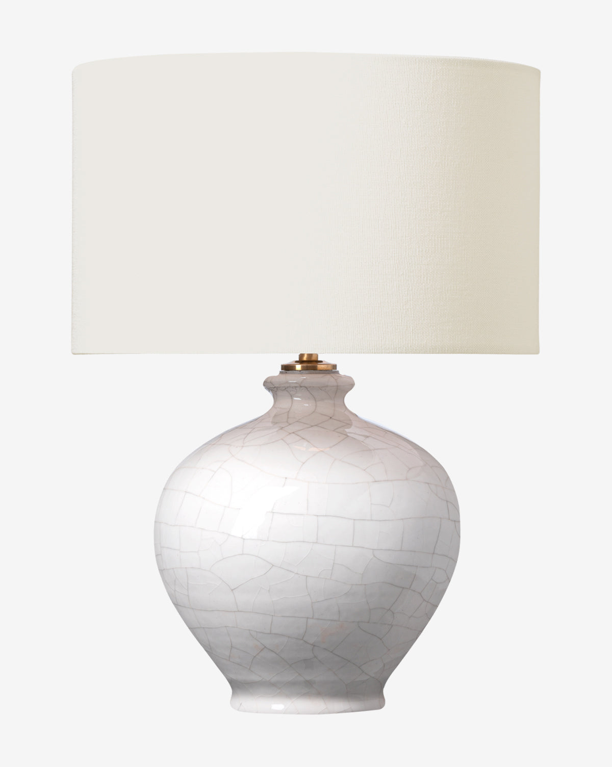 The Gaios 13 Cordless Accent Lamp by Visual Comfort & Co. Signature features a round, crackle-glazed ivory ceramic base and a large off-white fabric shade for timeless elegance. McGee & Co.