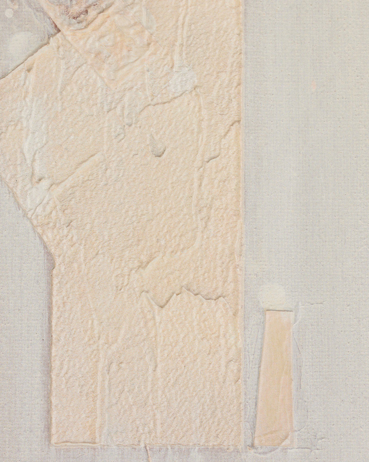 Galactic IV by Jade Dacay showcases a textured off-white surface with a rough rectangle and vertical strip blending into a pale background—a striking piece of mixed media minimalist wall art, ideal for framing, by McGee & Co.