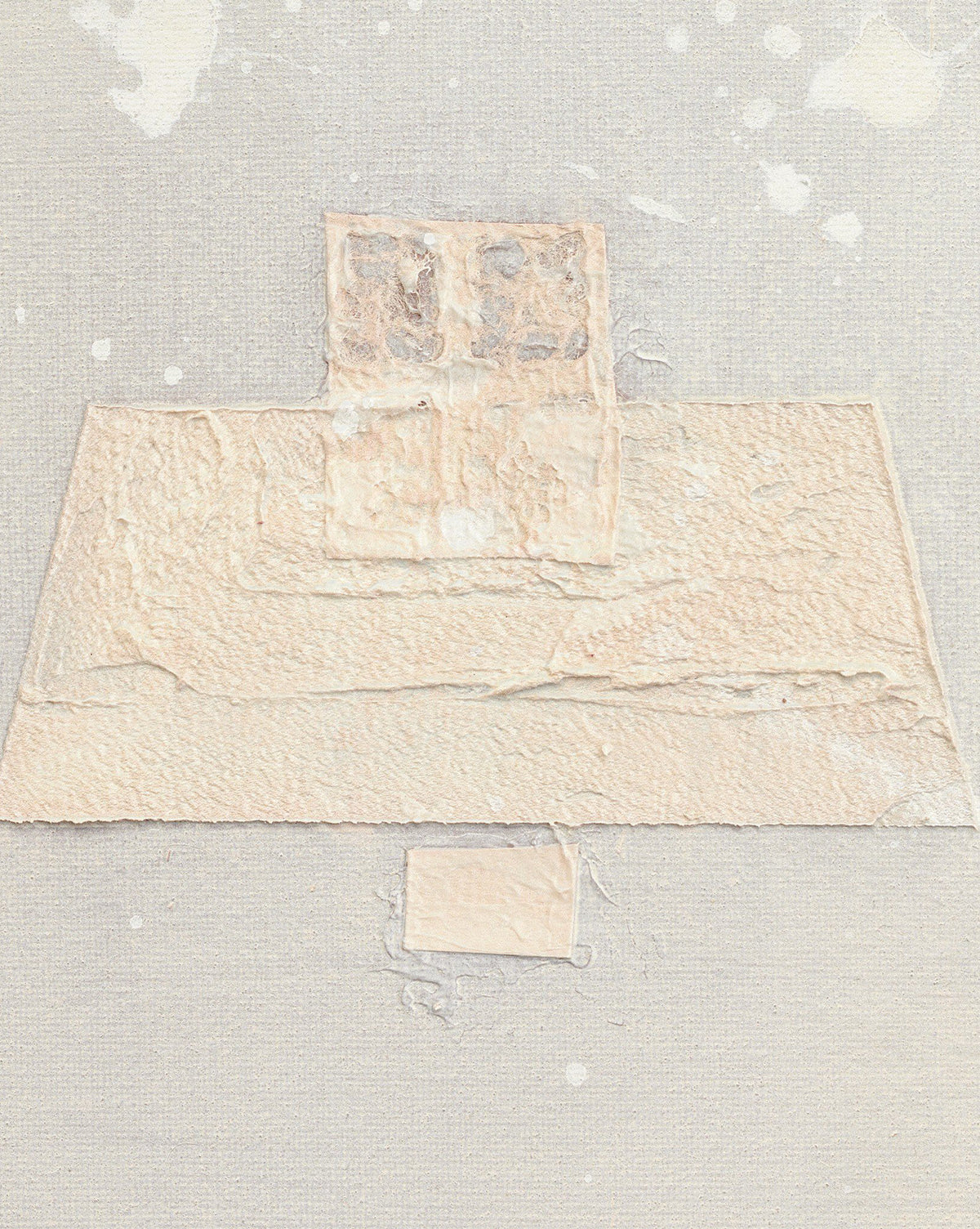 Galactic VIII by Jade Dacay is a textured abstract artwork featuring off-white and beige layered shapes on a pale gray background. This minimalist mixed media piece centralizes trapezoid, square, and rectangle forms for striking wall decor, by McGee & Co.