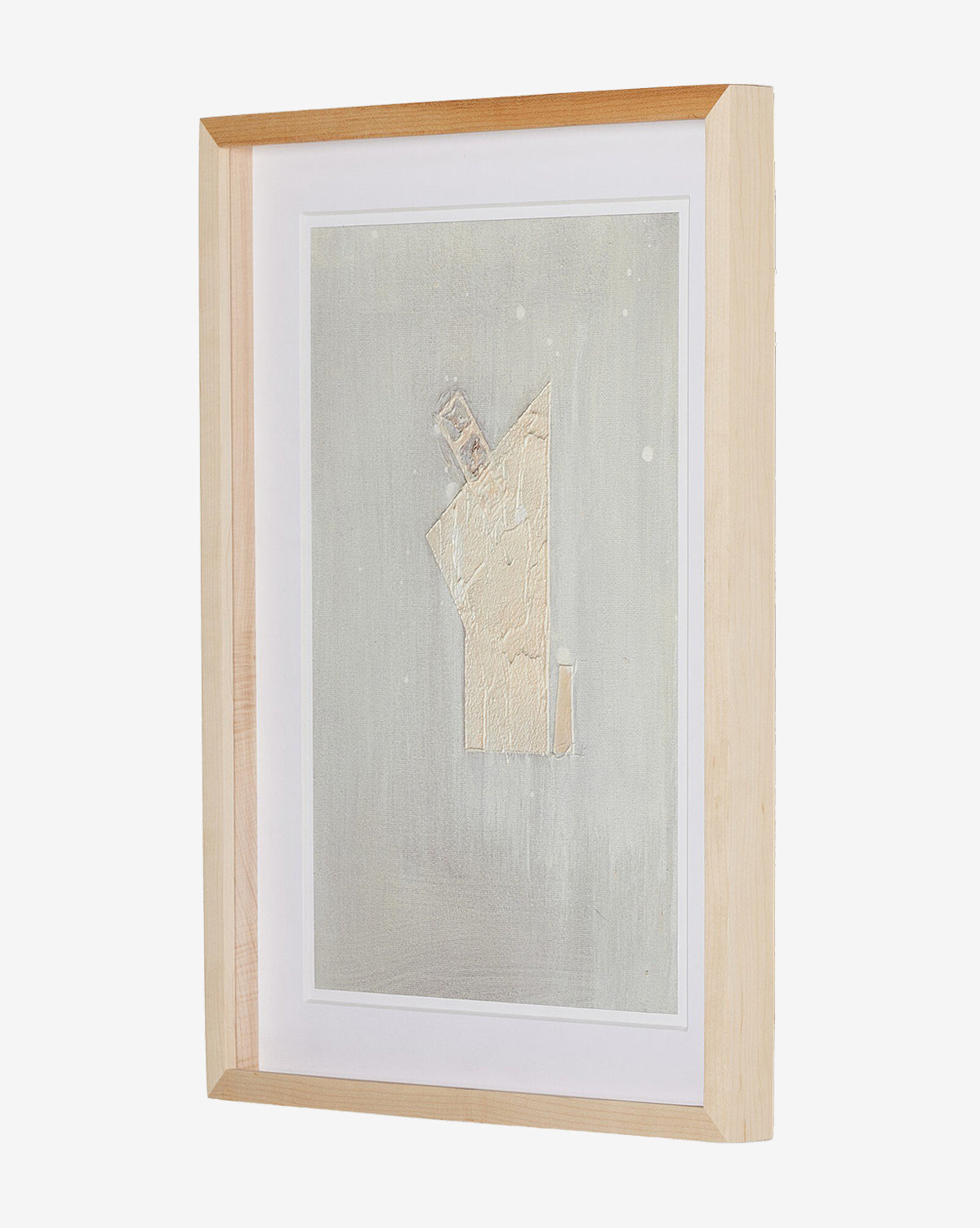 Galactic VII by Jade Dacay is a modern abstract mixed media artwork with textured beige and white geometric shapes on a pale gray background, set in a natural-toned, angled frame to enhance its depth and dimension, by McGee & Co.