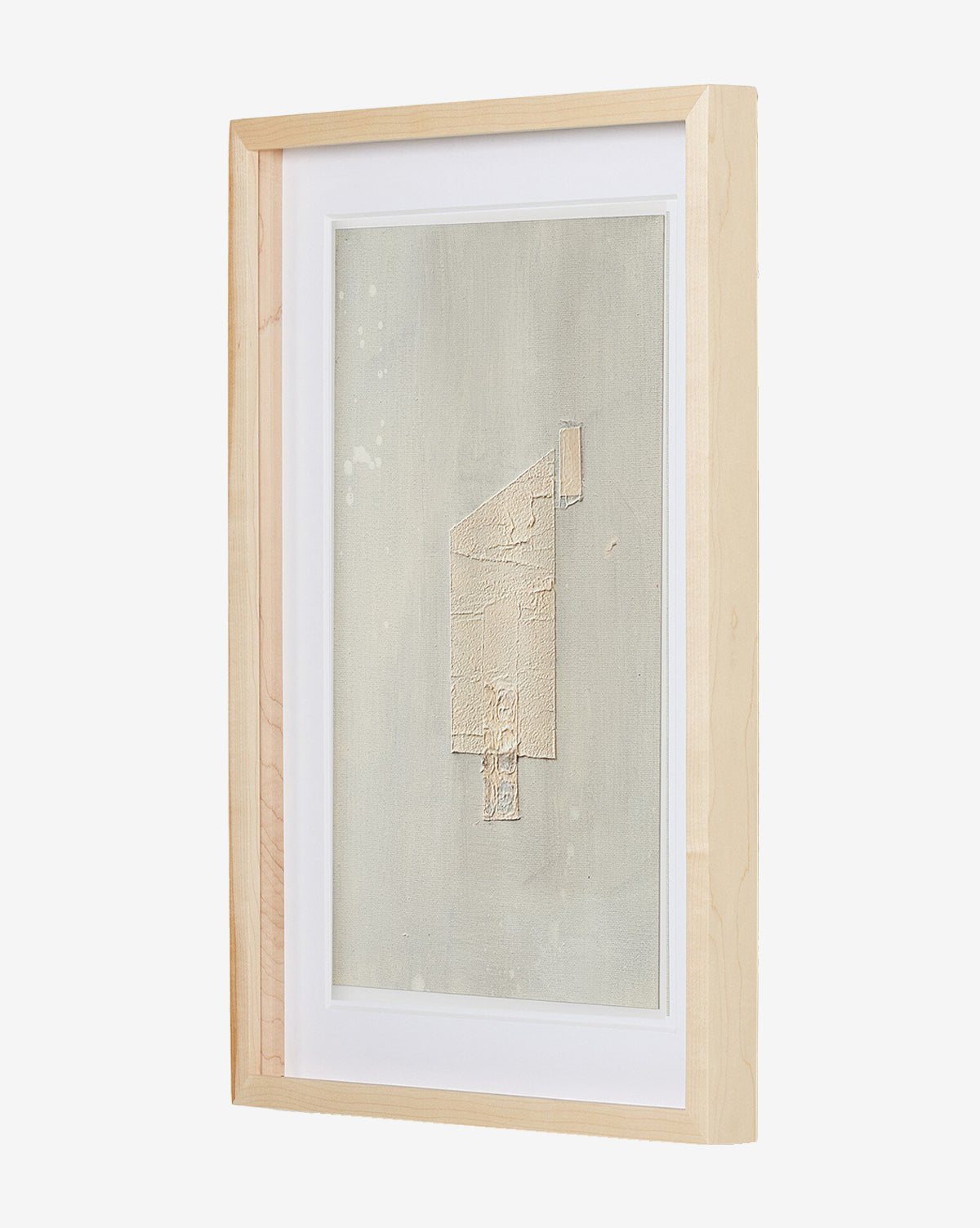 Galactic VI by Jade Dacay is a framed mixed media minimalist artwork featuring textured beige geometric shapes on a light background. A natural-toned frame with a white mat border enhances its abstract design, shown from an angle by McGee & Co.