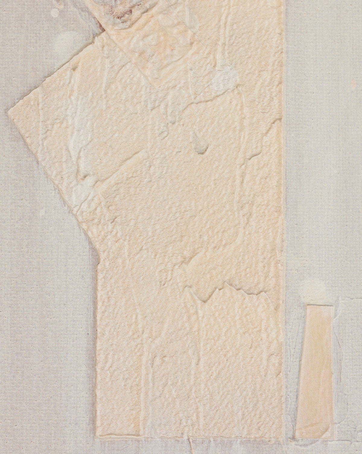 Galactic VI by Jade Dacay features a textured beige abstract shape with rough edges, centered on a lighter grainy background with subtle lines, evoking minimalist mixed media art. A small rectangle appears near the bottom right, by McGee & Co.