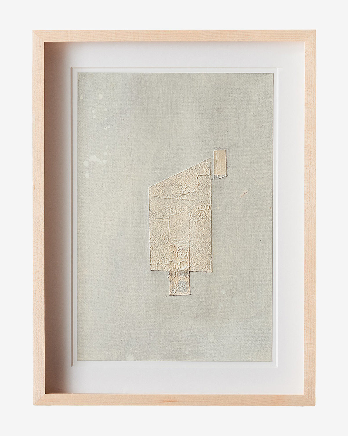 Galactic VI by Jade Dacay is a framed mixed media minimalist art piece featuring textured off-white geometric shapes on a pale background, accented by a natural-toned frame and white mat for a neutral, modern look, by McGee & Co.