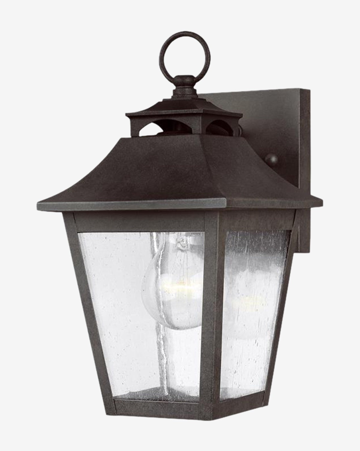 The Galena Outdoor Lantern by Visual Comfort Studio - Generation Lighting is a black metal wall fixture with clear glass panes, a visible bulb, and a decorative top ring—ideal for fans of traditional outdoor lighting. McGee & Co.
