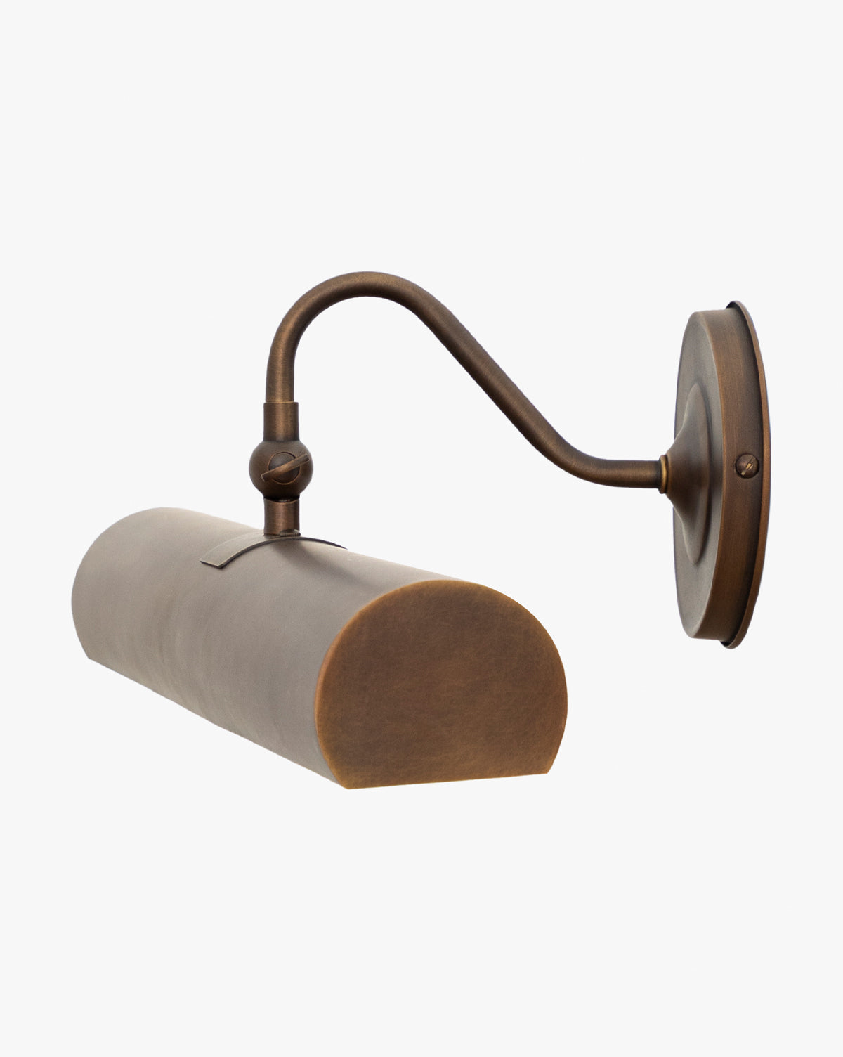 The Gallery Picture Sconce features a vintage-inspired design in burnished bronze, with a curved arm and rounded rectangular shade—ideal for adding timeless elegance to artwork or photographs, by McGee & Co.