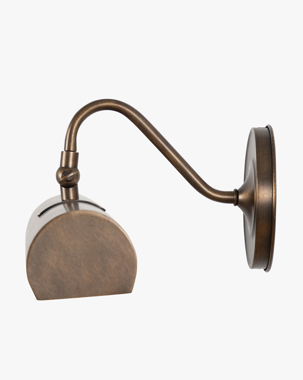 Side view of the Gallery Picture Sconce, a wall-mounted, vintage-inspired light with a burnished bronze finish, curved arm, and rectangular shade shown against a plain white background by McGee & Co.