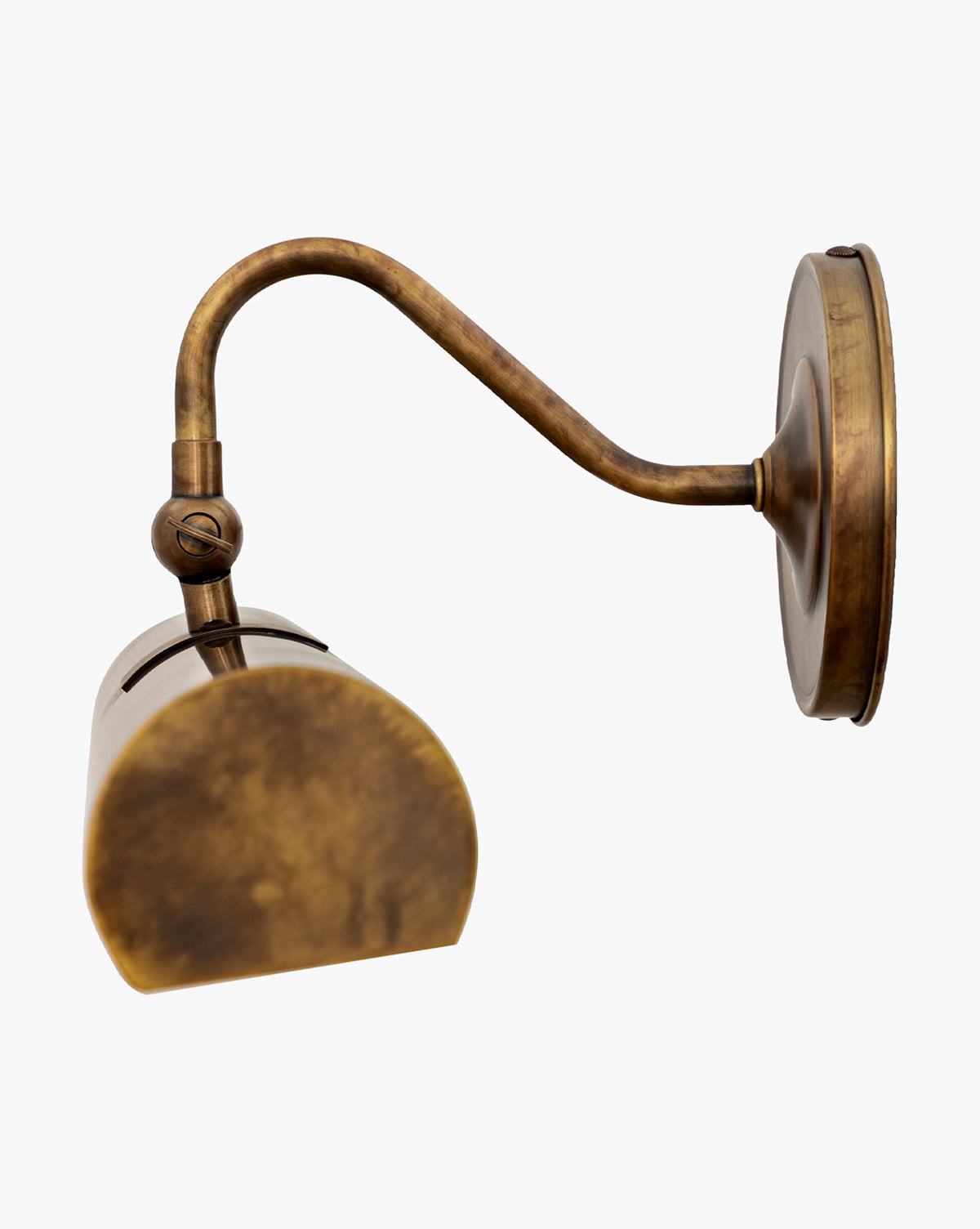 The Gallery Picture Sconce, featuring a curved arm and cylindrical shade in burnished bronze, is mounted on a round base against a plain white background by McGee & Co.