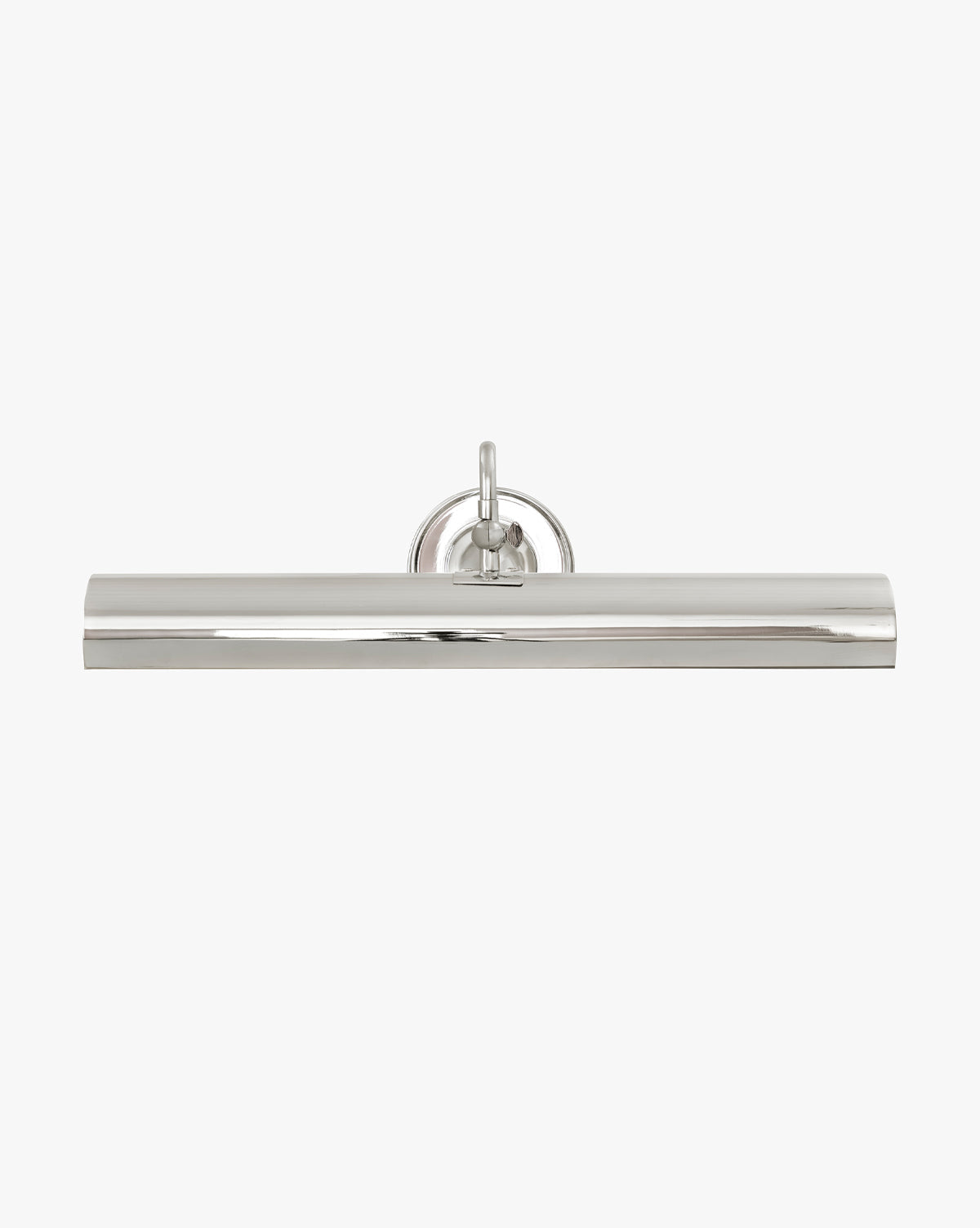 The Gallery Picture Sconce showcases a vintage-inspired design in polished chrome, with a cylindrical shade and round wall plate accented by a decorative curved arm, set against a plain white background by McGee & Co.