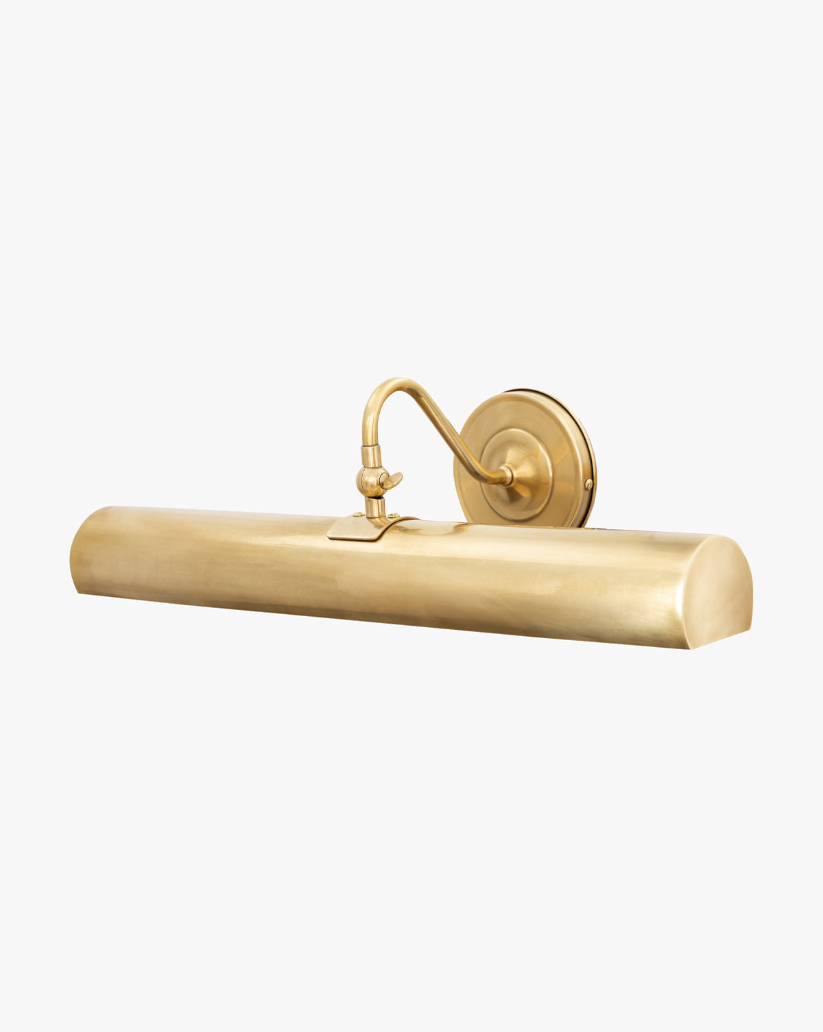 The Gallery Picture Sconce is a vintage-inspired, burnished bronze brass picture light with a cylindrical shade and adjustable curved arm on a round base, perfect for lighting up artwork or photos, by McGee & Co.