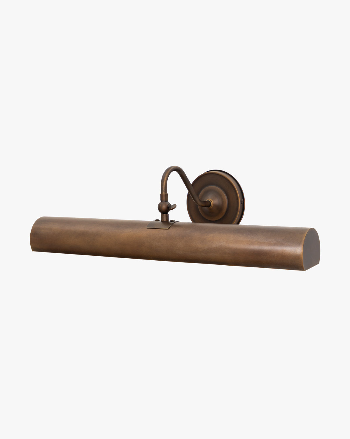 The Gallery Picture Sconce features a vintage-inspired design in burnished bronze with a cylindrical shade and curved arm on a round wall plate, displayed against a plain white background, by McGee & Co.