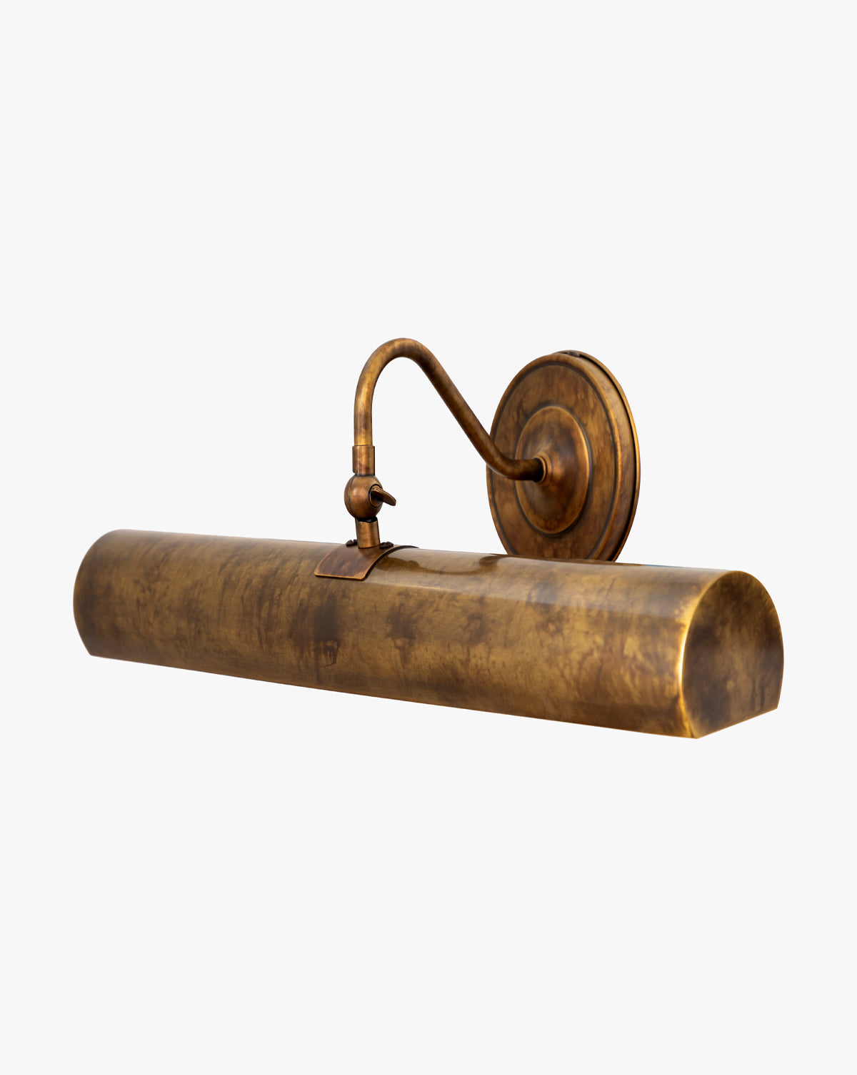 The Gallery Picture Sconce, with a vintage look, features a burnished bronze finish, rounded rectangular shade, and arched arm on a circular wall mount, displayed against a white background by McGee & Co.