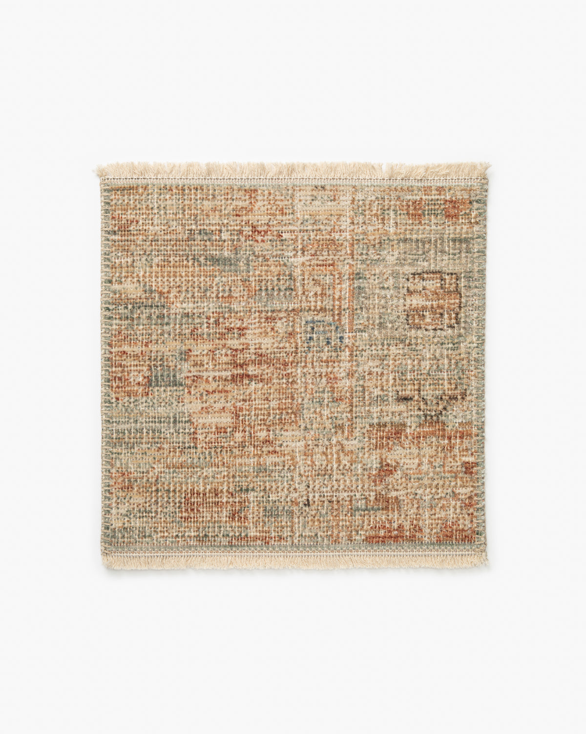 A square Galvin Terracotta Rug Swatch with a woven texture, detailed motif in rust, beige, and light blue, and fringe on two sides showcases its quality construction against a white background, by McGee & Co.