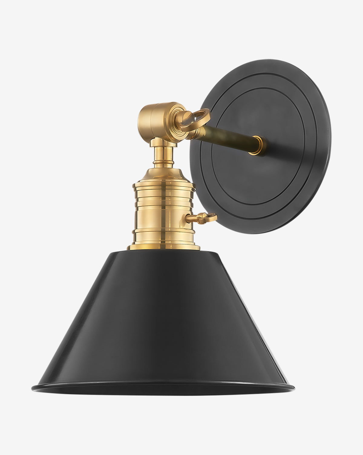 The Garden City Sconce by Hudson Valley Lighting features a black conical shade, brass hardware, and adjustable arms in a modern industrial design, shown against a white background. McGee & Co.
