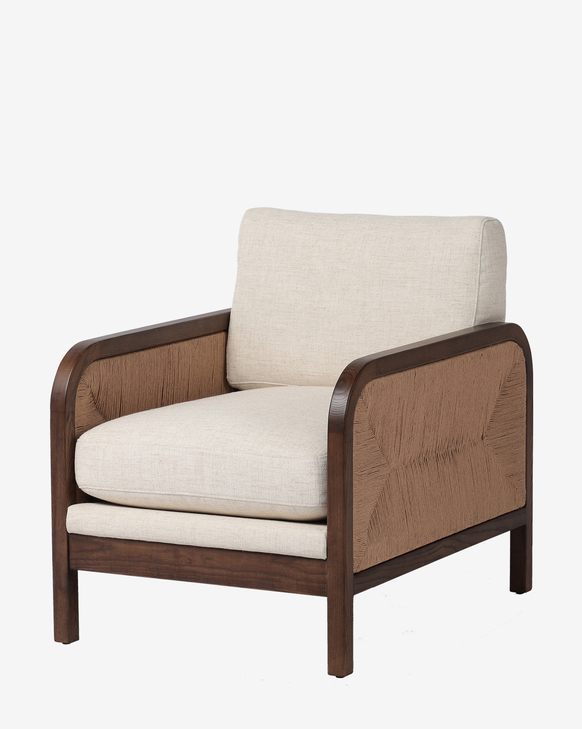 The Garvey Lounge Chair showcases a modern solid ash frame, beige cushions, and textured light brown side panels, set against a white background by McGee & Co.