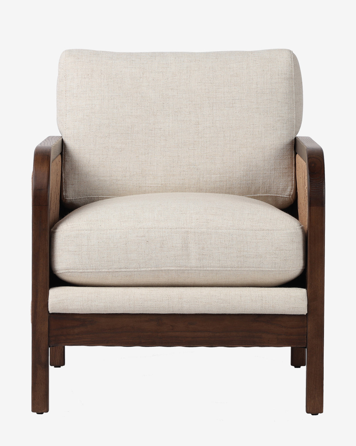Front view of the Garvey Lounge Chair with light beige cushions and a dark solid ash wood frame, displayed against a plain white background, by McGee & Co.
