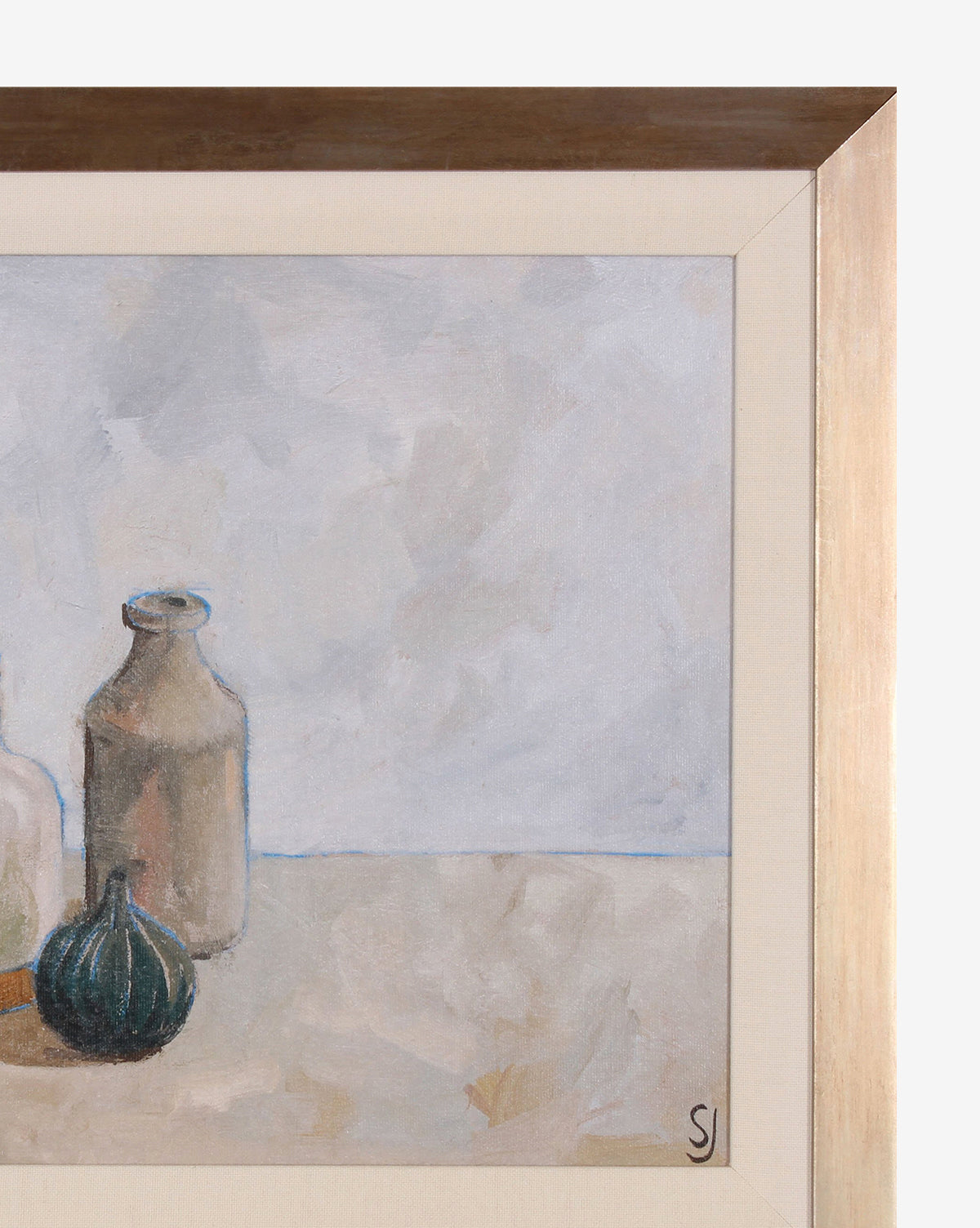 “Gathered Jars” is a framed minimalist painting featuring three jars—a white bottle, brown bottle, and dark green round bottle—on a soft background. Ideal for kitchen or home decor. Signed SJ in the lower right corner.