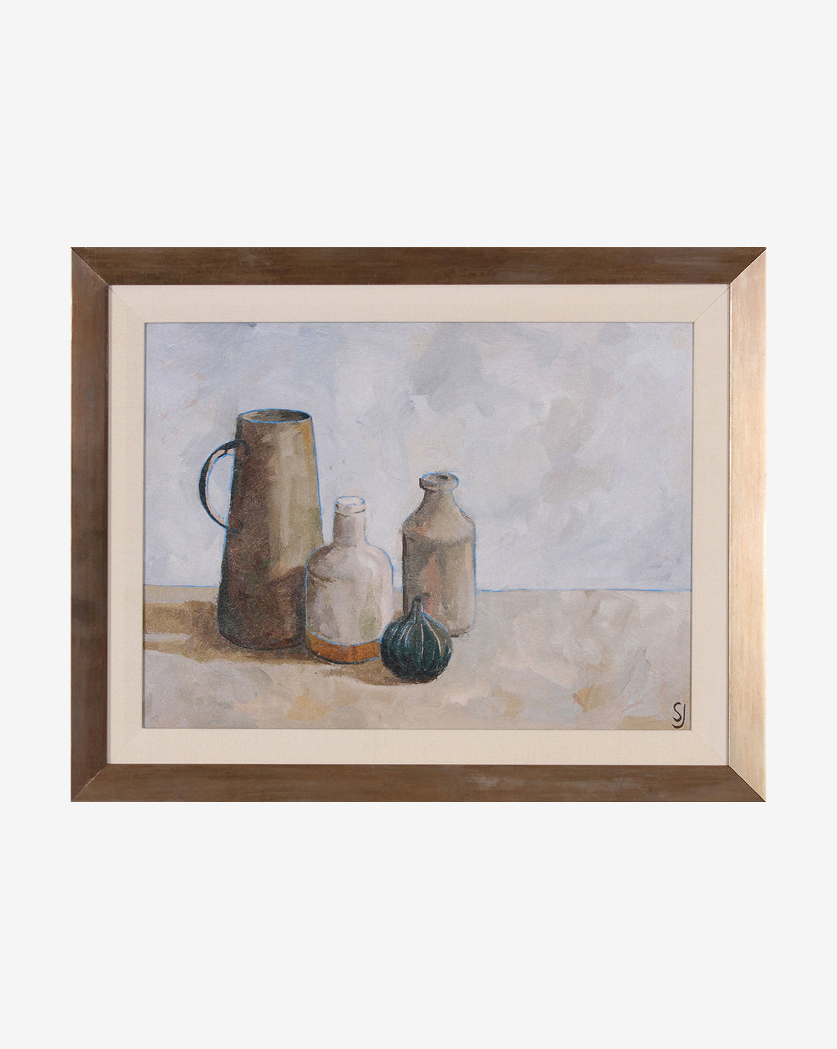 Gathered Jars is a framed still life painting depicting three bottles and a small round object on a neutral surface. Its muted, earthy tones and simple background make it an ideal choice for home decor or kitchen styling.