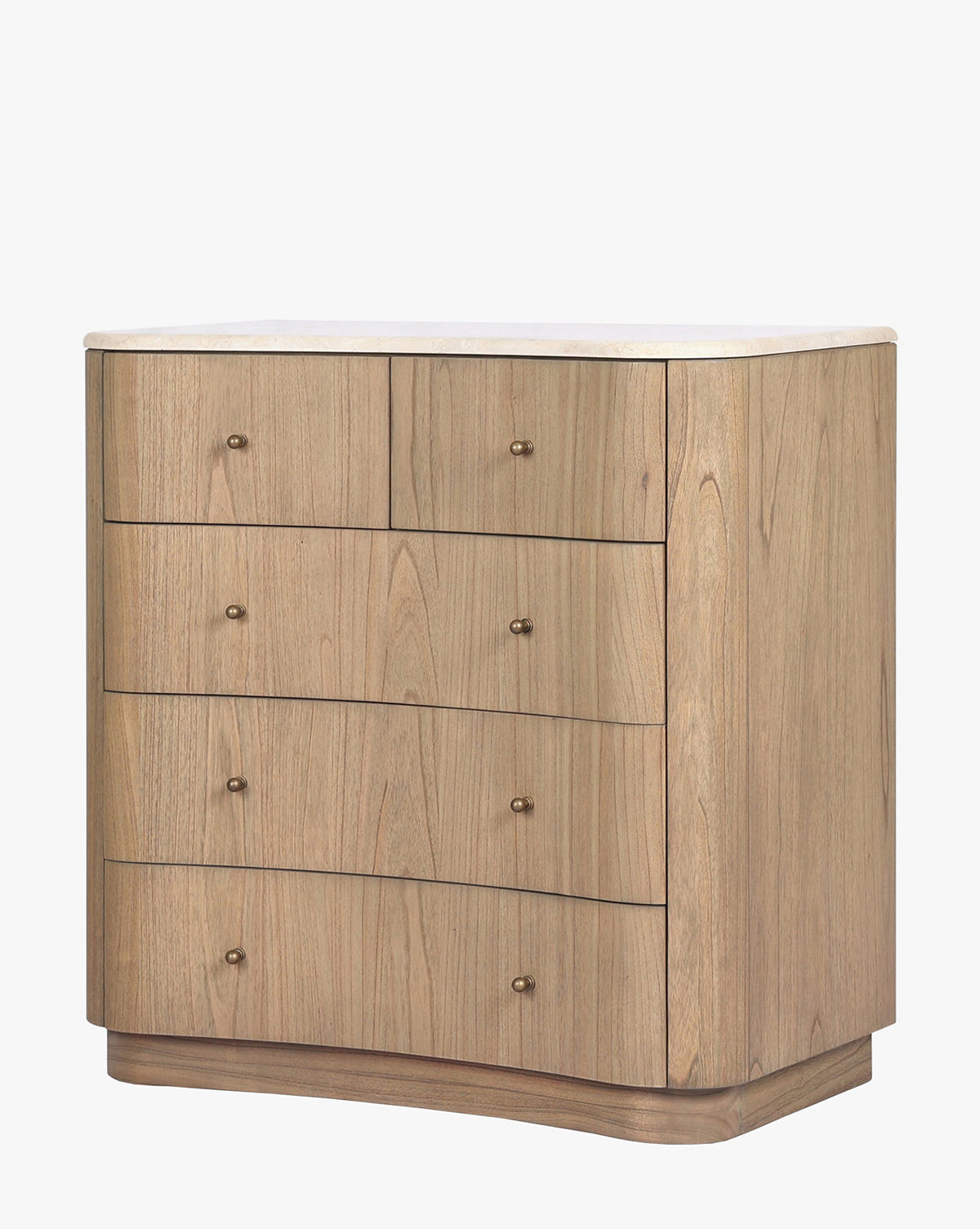 The Gatlin Chest features five spacious drawers, a curved front, and small brass knobs. Crafted from solid mindi wood with a light finish, its modern minimalist design adds versatile style to any space, by McGee & Co.