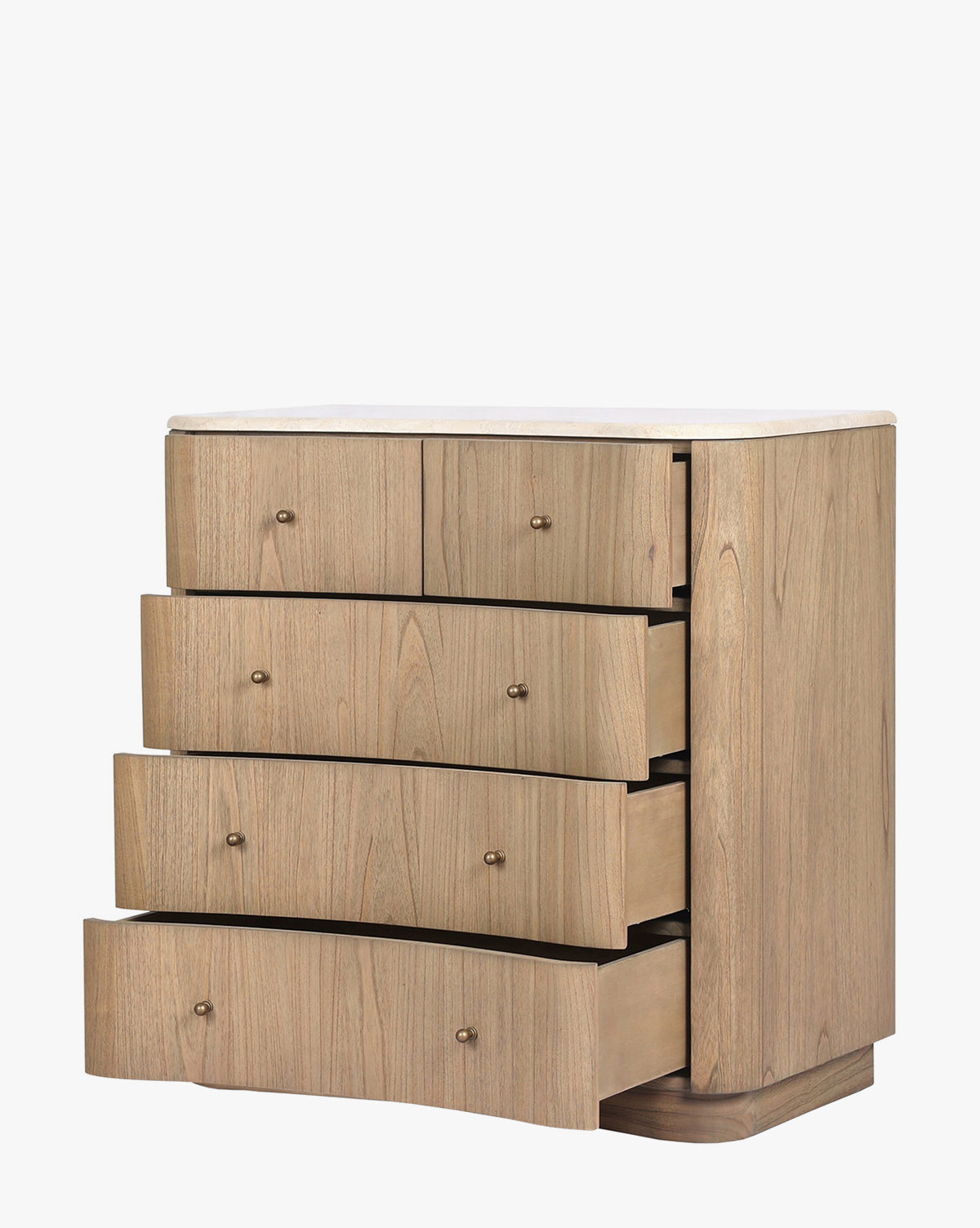 The Gatlin Chest, made from solid mindi wood, features four spacious drawers with round knobs. Its distinctive wavy, curved front is highlighted by three partially open drawers, showcasing the dressers unique design by McGee & Co.