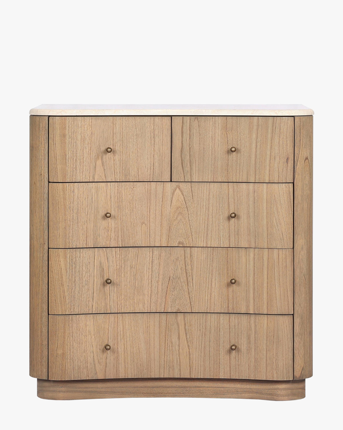 The Gatlin Chest offers spacious drawers, a solid mindi wood build, curved front, small round brass knobs, and a smooth white marble top, by McGee & Co.