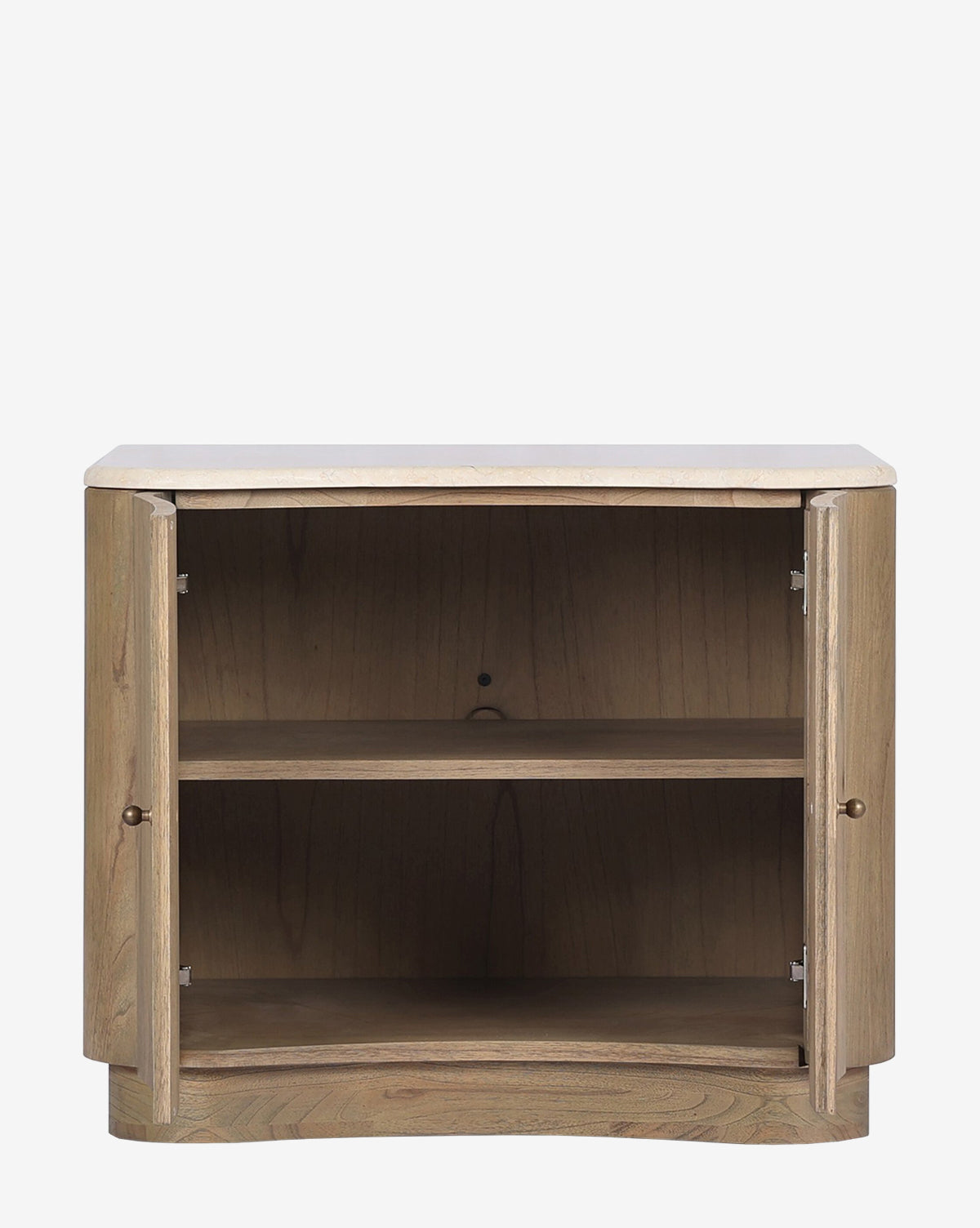 The Gatlin Nightstand features a natural finish in solid mindi wood. With two open doors, it reveals an interior shelf and spacious bedside storage by McGee & Co.