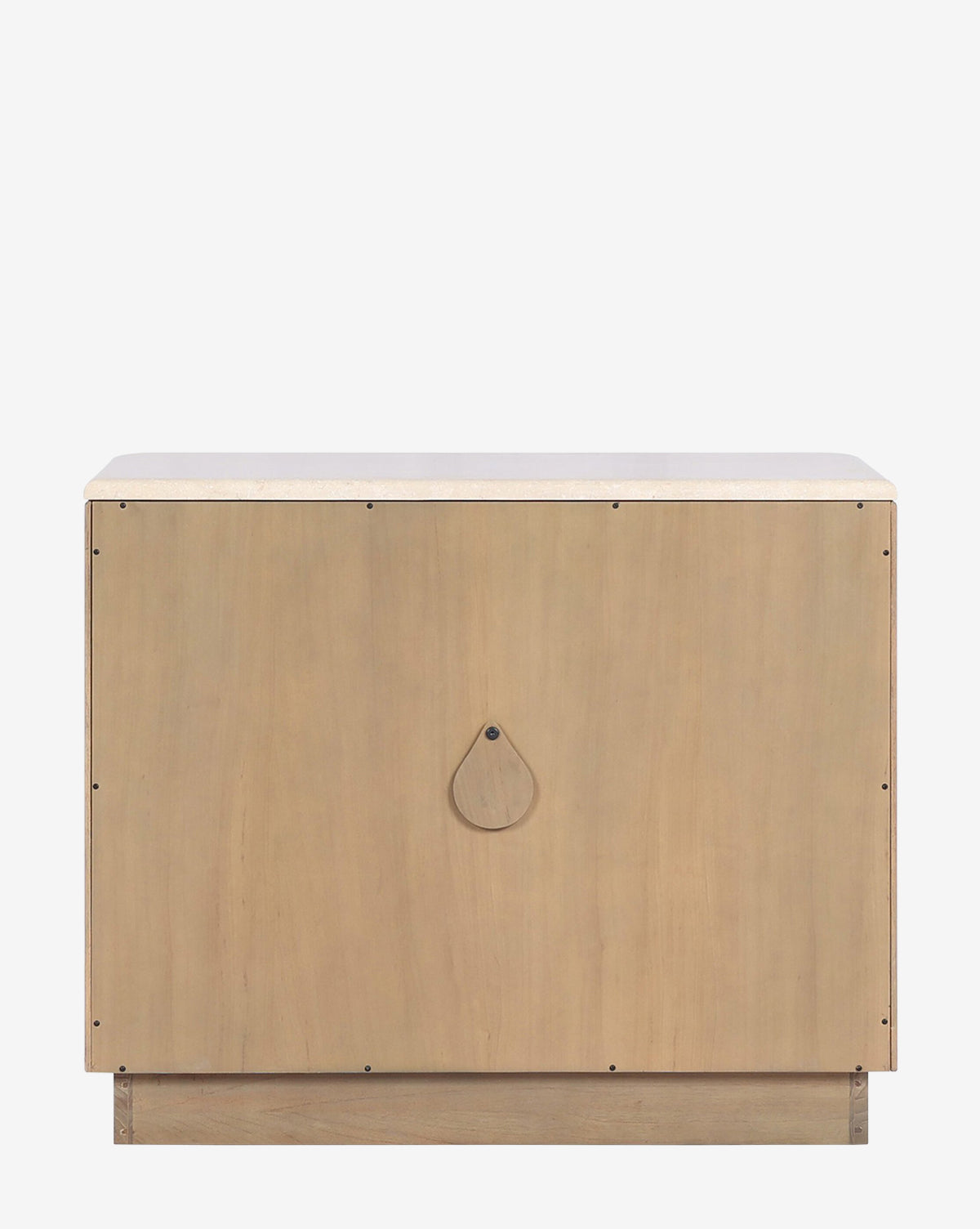 The Gatlin Nightstand is a light wood storage chest made from solid mindi wood, featuring a simple rectangular design, central teardrop-shaped handle, smooth finish, and visible panel edges—ideal for bedside storage by McGee & Co.