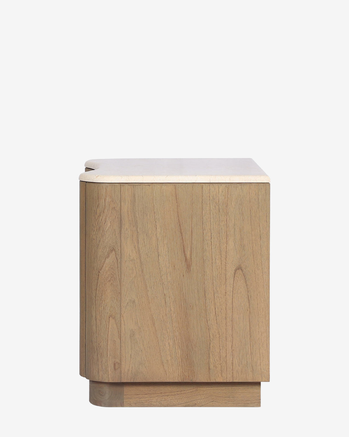 The Gatlin Nightstand, crafted from solid mindi wood with a light natural finish, features smooth surfaces, rounded front edges, and a minimalist block design—ideal for bedside storage, by McGee & Co. Shown from the side against a plain white background.