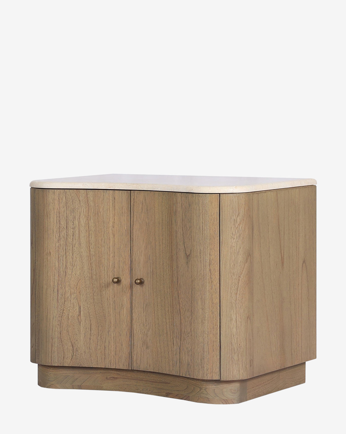 The Gatlin Nightstand features a solid mindi wood build with a light natural finish, two front doors with round knobs, and curved sides, offering modern, minimal bedside storage on its smooth rectangular top by McGee & Co.