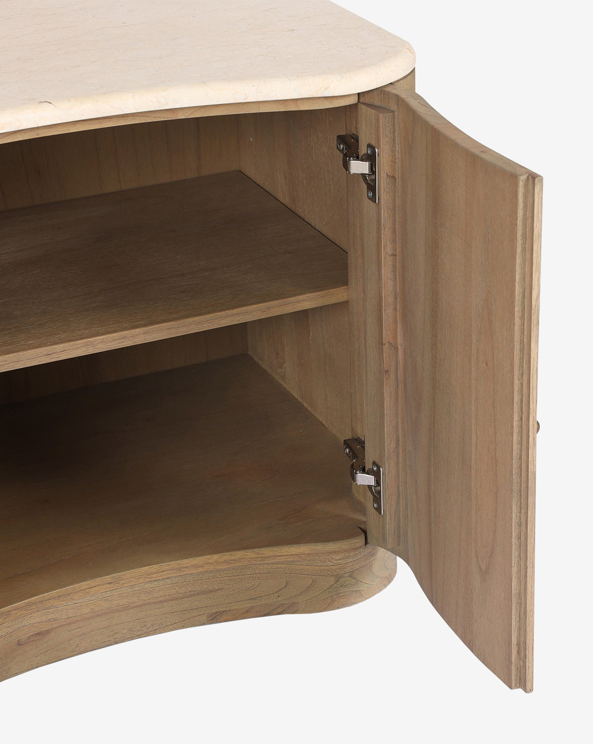 The Gatlin Nightstand features a beige curved top, right-side hinged door, and two interior shelves for stylish bedside storage. Expertly crafted from solid mindi wood, by McGee & Co.