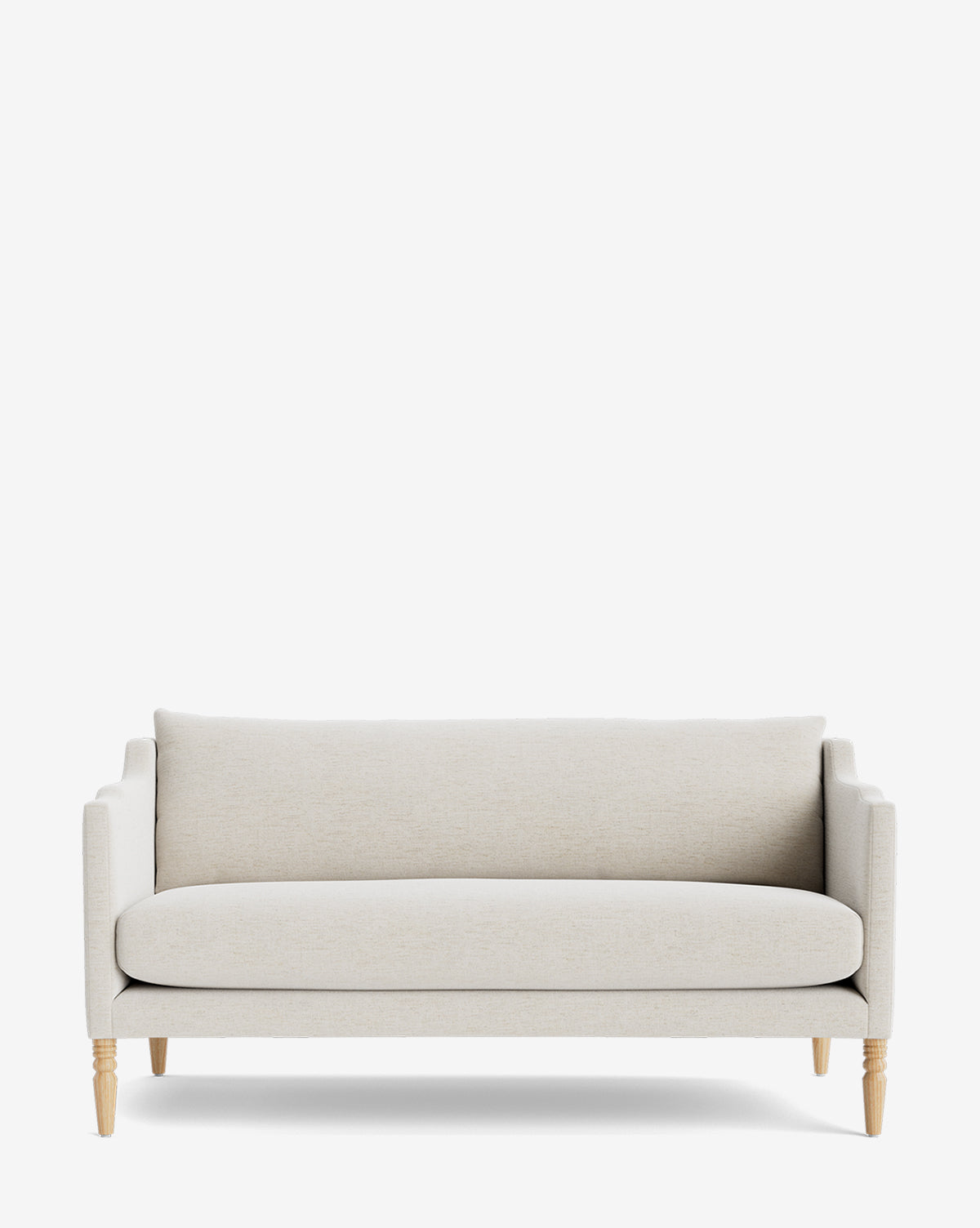 The Makerspalm Gemma Settee 65 features a modern light beige design with wooden legs, straight armrests, and a cushioned fabric backrest, shown against a plain white background, by McGee & Co.