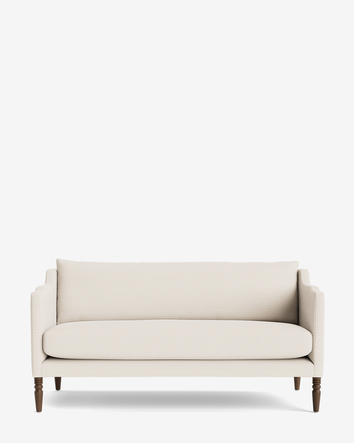 The Makerspalm Gemma Settee 65 features beige upholstery, wooden legs, and a rectangular back cushion made from high-quality fabric, displayed against a plain white background. McGee & Co.