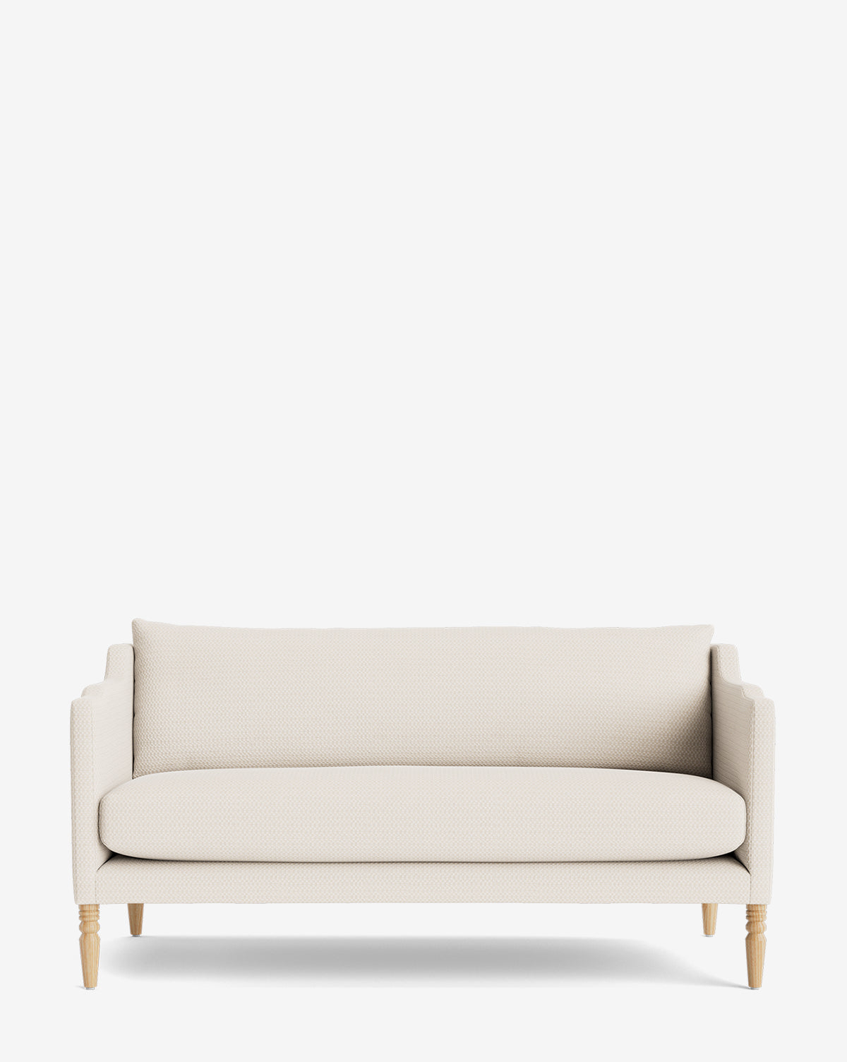 The Makerspalm Gemma Settee 65 showcases a timeless design with modern light beige upholstery, clean lines, wooden legs, and two seat-back cushions, pictured on a plain white background. McGee & Co.