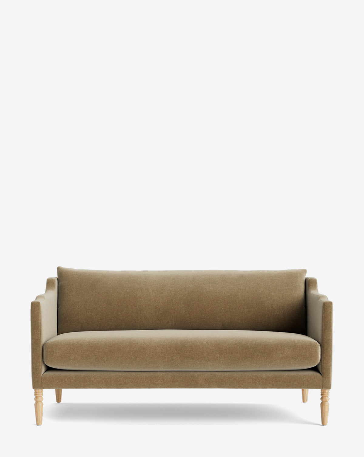 The Gemma Settee 65 features olive-green premium fabric, clean lines, a single back cushion, and light wooden legs, presenting timeless style against a plain white background by McGee & Co.